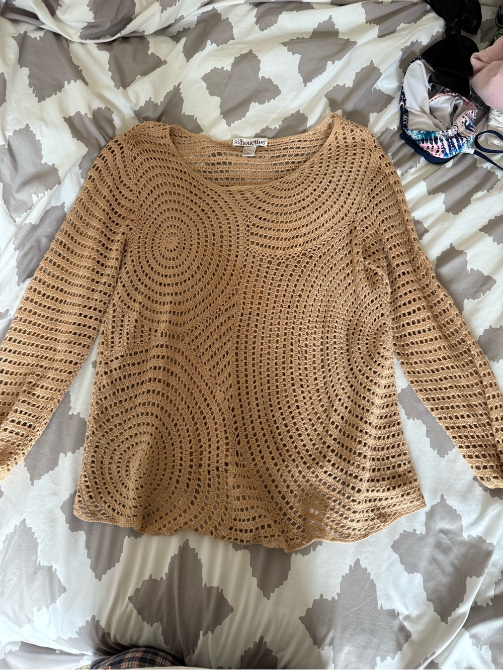 Silhouettes Crochet Openwork Long Sleeve Top - Beige